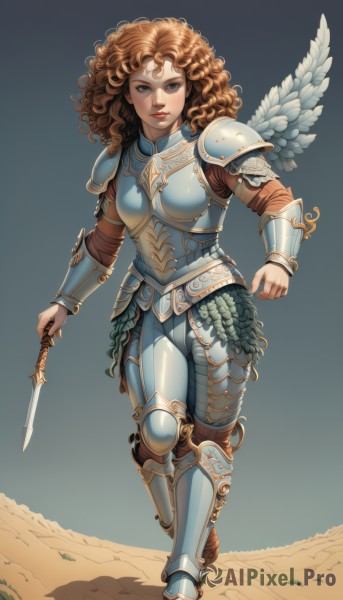 1girl,solo,long hair,looking at viewer,blue eyes,brown hair,holding,standing,full body,weapon,boots,wings,holding weapon,armor,lips,wavy hair,feathers,knife,shoulder armor,feathered wings,walking,curly hair,pauldrons,running,angel wings,breastplate,white wings,vambraces,holding knife,armored boots,dagger,greaves,faulds,plate armor,orange hair,bodysuit,watermark,web address