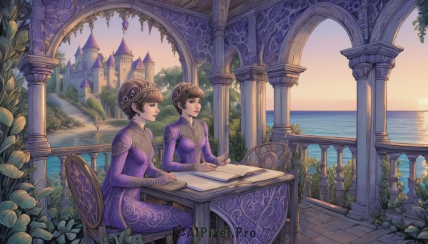 breasts,smile,short hair,bangs,multiple girls,brown hair,long sleeves,dress,holding,2girls,brown eyes,jewelry,sitting,closed mouth,earrings,outdoors,sky,cloud,water,looking at another,tree,cup,book,profile,makeup,siblings,ocean,chair,table,plant,sisters,building,scenery,purple dress,holding book,sunset,shield,open book,fantasy,railing,horizon,reading,bush,pillar,castle,tower,lake,arch,balcony,column,hair ornament,medium breasts,braid,parted lips,day,hair bun,lips,leaf,sunlight,single hair bun,crown braid,quill