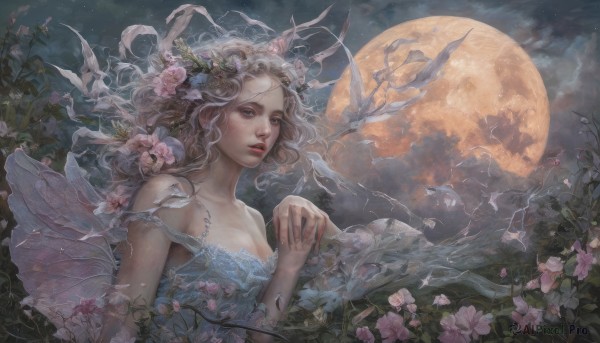 1girl,solo,long hair,breasts,looking at viewer,blue eyes,hair ornament,dress,holding,cleavage,bare shoulders,medium breasts,collarbone,upper body,flower,white hair,outdoors,parted lips,food,wings,sky,artist name,cloud,hair flower,white dress,tree,lips,fingernails,grey eyes,eyelashes,night,fruit,rose,leaf,wavy hair,moon,cloudy sky,plant,nature,night sky,strap slip,full moon,pink flower,realistic,fantasy,red lips,blonde hair,horns,bird,bug,branch