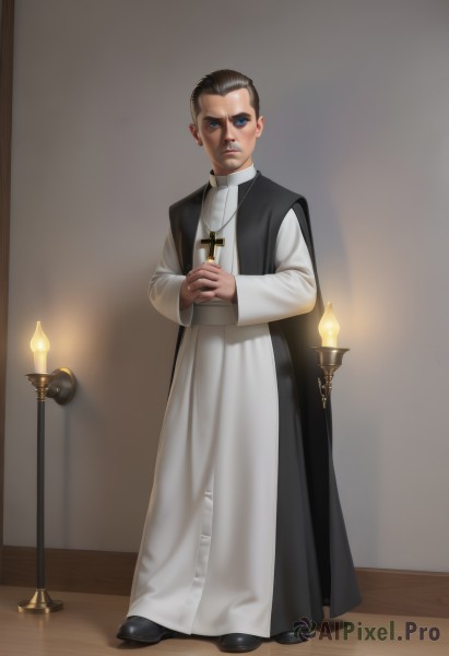 solo,looking at viewer,short hair,blue eyes,brown hair,black hair,long sleeves,1boy,jewelry,standing,full body,male focus,shoes,indoors,necklace,black footwear,own hands together,cross,robe,realistic,nun,candle,own hands clasped,cross necklace,latin cross,priest,holding,teeth,facial hair,interlocked fingers,mustache,candlestand