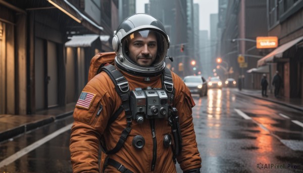 solo,looking at viewer,brown hair,1boy,brown eyes,upper body,male focus,outdoors,solo focus,blurry,depth of field,blurry background,facial hair,helmet,ground vehicle,building,motor vehicle,reflection,science fiction,rain,city,sign,realistic,road,street,american flag,spacesuit,japanese flag,united states,astronaut,closed mouth,jacket,bag,backpack,walking,pilot suit,space helmet