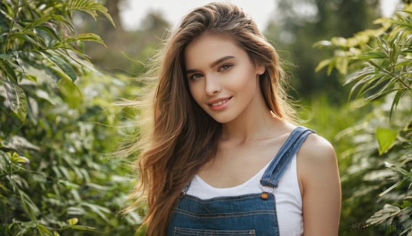 1girl,solo,long hair,looking at viewer,smile,open mouth,brown hair,shirt,bare shoulders,brown eyes,collarbone,white shirt,upper body,outdoors,parted lips,teeth,sleeveless,day,blurry,lips,blurry background,leaf,tank top,plant,realistic,nose,overalls,grin,depth of field,sunlight,denim,nature