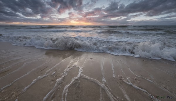 outdoors,sky,cloud,water,no humans,ocean,beach,sunlight,cloudy sky,scenery,sunset,sand,sun,horizon,waves,shore,footprints