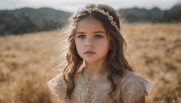 1girl,solo,long hair,looking at viewer,blue eyes,brown hair,hair ornament,dress,closed mouth,upper body,flower,outdoors,day,hair flower,white dress,blurry,lips,grey eyes,depth of field,blurry background,wavy hair,expressionless,portrait,realistic,head wreath,field,short sleeves,parted lips,sky,veil,lace trim,lace,mountain