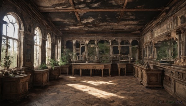 day,indoors,tree,no humans,window,shadow,chair,table,sunlight,plant,scenery,stairs,door,potted plant,ruins,vines,pillar,arch,overgrown,candle,ceiling,candlestand,chandelier