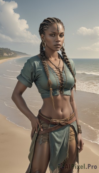 1girl,solo,long hair,breasts,looking at viewer,brown hair,shirt,black hair,navel,cleavage,brown eyes,jewelry,medium breasts,closed mouth,standing,braid,short sleeves,cowboy shot,earrings,outdoors,parted lips,sky,day,midriff,belt,pants,cloud,dark skin,water,necklace,stomach,twin braids,bracelet,dark-skinned female,blue sky,lips,crop top,hand on hip,ocean,beach,pelvic curtain,forehead,contrapposto,toned,hoop earrings,realistic,nose,green shirt,sand,horizon,forehead jewel,fringe trim,loincloth,desert,multiple braids,skirt,collarbone,piercing,scenery,dreadlocks