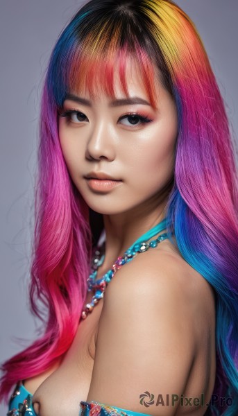 1girl,solo,long hair,breasts,looking at viewer,bangs,simple background,cleavage,bare shoulders,brown eyes,jewelry,medium breasts,blue hair,upper body,pink hair,multicolored hair,grey background,necklace,black eyes,from side,two-tone hair,lips,gradient,looking to the side,gradient hair,makeup,armlet,eyeshadow,freckles,realistic,nose,blonde hair,black hair,closed mouth,eyelashes,watermark