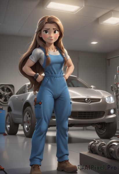 1girl,solo,long hair,breasts,looking at viewer,blush,smile,brown hair,shirt,brown eyes,medium breasts,closed mouth,standing,collarbone,full body,white shirt,braid,short sleeves,shoes,artist name,indoors,lips,brown footwear,ground vehicle,t-shirt,motor vehicle,forehead,freckles,hands on hips,watch,car,wristwatch,overalls,vehicle focus,wrench,blue overalls,jewelry,small breasts,bracelet