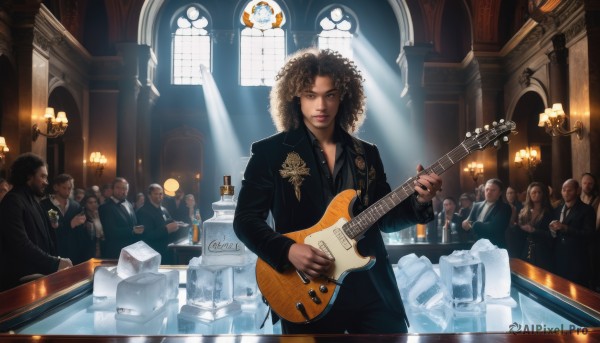 1girl,long hair,looking at viewer,brown hair,shirt,holding,brown eyes,jewelry,standing,jacket,one eye closed,multiple boys,solo focus,pants,indoors,nail polish,cup,lips,black jacket,formal,bottle,suit,lipstick,instrument,alcohol,drinking glass,6+boys,curly hair,ice,realistic,music,guitar,glass,light,playing instrument,holding instrument,electric guitar,statue,crowd,piano,bar (place),afro,plectrum,chandelier,whiskey,multiple girls,black hair,window,facial hair,6+girls,candle,real life insert,church