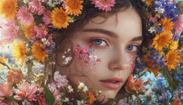 1girl, solo, looking at viewer, blue eyes, brown hair, hair ornament, flower, parted lips, hair flower, blurry, lips, eyelashes, blurry background, white flower, portrait, pink flower, freckles, blue flower, realistic, yellow flower, purple flower, orange flower