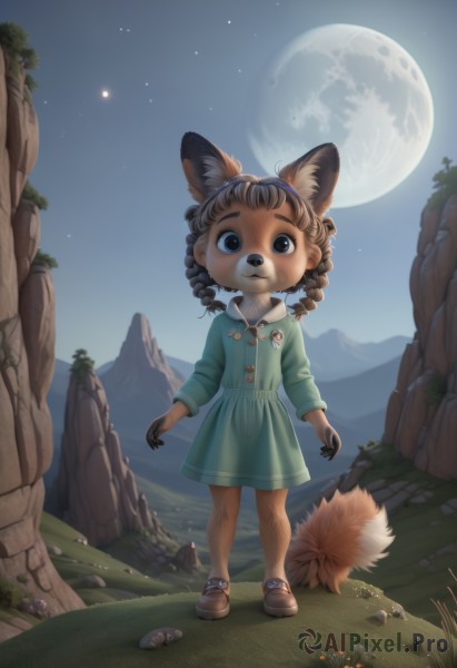 1girl,solo,looking at viewer,blue eyes,brown hair,dress,animal ears,brown eyes,standing,tail,full body,braid,flower,outdoors,sky,shoes,artist name,twin braids,tree,animal ear fluff,fox ears,night,blue dress,fox tail,brown footwear,drill hair,moon,grass,fox girl,child,star (sky),night sky,claws,furry,full moon,starry sky,curly hair,rock,furry female,collared dress,female child,smile,short hair,long sleeves,hairband,flat chest,aqua dress