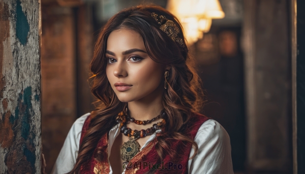 1girl,solo,long hair,looking at viewer,blue eyes,brown hair,shirt,black hair,brown eyes,jewelry,closed mouth,white shirt,upper body,earrings,dark skin,necklace,blurry,vest,dark-skinned female,lips,grey eyes,depth of field,blurry background,wavy hair,curly hair,realistic,nose,red vest,portrait