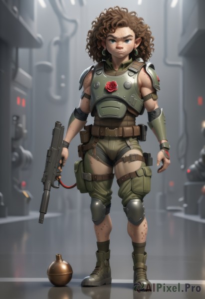 1girl,solo,looking at viewer,blue eyes,brown hair,holding,jewelry,standing,full body,weapon,flower,earrings,boots,shorts,solo focus,pointy ears,belt,dark skin,holding weapon,armor,blurry,dark-skinned female,gun,thigh strap,blurry background,rose,frown,shoulder armor,holding gun,rifle,handgun,freckles,science fiction,curly hair,pauldrons,pouch,serious,breastplate,bandaid on face,knee pads,shoulder pads,submachine gun,belt pouch,dirty,explosive,elbow pads,grenade,bulletproof vest,body armor,socks,lips,thick eyebrows,aged down,bandaid,realistic,nose,trigger discipline,finger on trigger