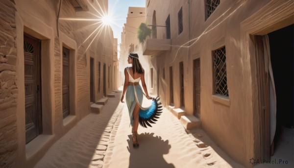 1girl,solo,long hair,brown hair,black hair,dress,bare shoulders,jewelry,standing,tail,full body,multicolored hair,outdoors,day,dark skin,from behind,white dress,dark-skinned female,shadow,sandals,sunlight,building,scenery,walking,anklet,sun,facing away,egyptian,egyptian clothes,skirt,horns,sky,high heels,tree,blue sky,bare arms,bare legs,window,back,dragon girl,door,dragon tail,house,wide shot,doorway,snake tail,lizard tail