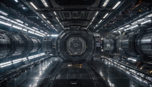 no humans,window,building,scenery,machinery,science fiction,realistic,space,spacecraft,lights,solo,standing,indoors,floating,reflection,rain,cable,wide shot,very wide shot