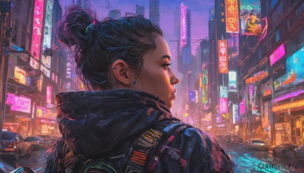 1girl, solo, black hair, hair ornament, jewelry, jacket, upper body, earrings, outdoors, hood, hair bun, lips, night, single hair bun, backpack, ground vehicle, motor vehicle, science fiction, city, realistic, nose, car, earphones, cyberpunk, earpiece, neon lights