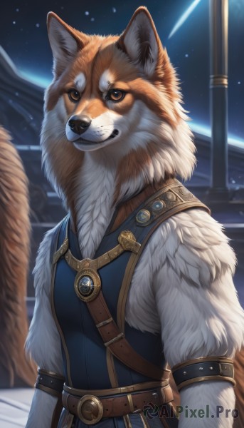 solo,looking at viewer,1boy,brown eyes,jewelry,closed mouth,standing,tail,upper body,male focus,outdoors,sky,belt,artist name,no humans,night,animal,star (sky),night sky,furry,buckle,starry sky,dog,brown belt,furry male,animal focus,brown fur,fluffy,fur collar,space,white fur,planet,fur,wolf