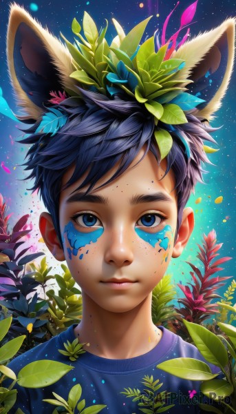 solo,looking at viewer,smile,short hair,blue eyes,shirt,black hair,1boy,animal ears,closed mouth,blue hair,upper body,flower,male focus,outdoors,sky,artist name,lips,fox ears,leaf,watermark,facial mark,blue shirt,plant,portrait,star (sky),starry sky,freckles,nose,facepaint,child,dog ears,extra ears,male child,dirty,paint splatter,paint,dirty face