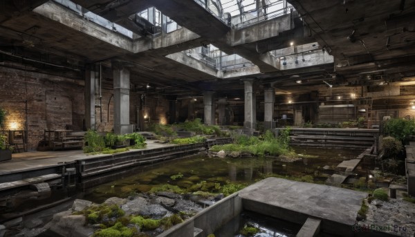 outdoors,day,indoors,tree,no humans,window,sunlight,grass,plant,building,scenery,stairs,ruins,bridge,moss,train station,railroad tracks,overgrown,post-apocalypse,ceiling