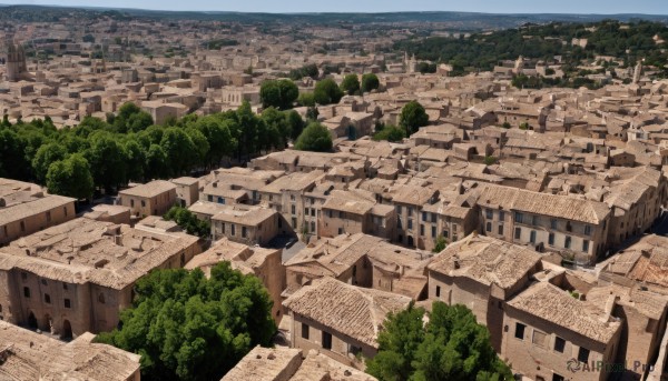 outdoors,sky,tree,no humans,from above,building,nature,scenery,forest,city,road,cityscape,house,river,landscape,day,water,ocean,horizon,ruins,castle,cliff