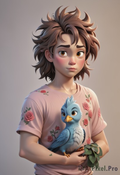 1girl,solo,looking at viewer,blush,short hair,simple background,brown hair,shirt,1boy,holding,brown eyes,jewelry,closed mouth,collarbone,upper body,flower,short sleeves,male focus,artist name,grey background,bracelet,lips,bird,animal,leaf,floral print,thick eyebrows,plant,t-shirt,messy hair,freckles,brown background,pink shirt,print shirt,holding animal