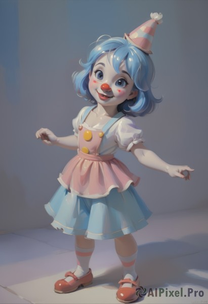 1girl,solo,looking at viewer,blush,smile,short hair,open mouth,blue eyes,skirt,shirt,hat,dress,blue hair,standing,collarbone,full body,white shirt,short sleeves,:d,shoes,teeth,socks,striped,puffy sleeves,artist name,apron,puffy short sleeves,blue skirt,see-through,kneehighs,blush stickers,white socks,red footwear,child,mary janes,personification,female child,striped socks,party hat,striped headwear,clown,bow,pleated skirt,tongue,tongue out,makeup,shadow,facepaint