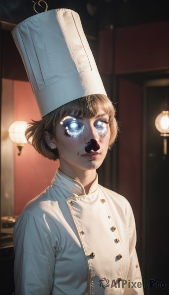 1girl,solo,looking at viewer,short hair,bangs,blue eyes,blonde hair,brown hair,hat,jewelry,closed mouth,upper body,earrings,indoors,tears,mole,blurry,lips,buttons,blurry background,glowing,white headwear,crying,glowing eyes,crying with eyes open,realistic,nose,chef hat,chef,jacket,eyelashes,freckles,white eyes