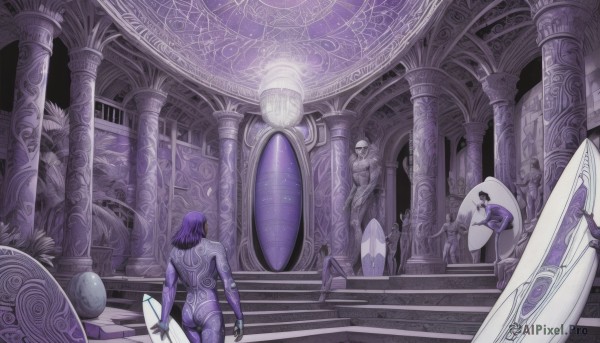 1girl,long hair,short hair,multiple girls,1boy,holding,standing,weapon,purple hair,ass,nude,multiple boys,sword,indoors,from behind,muscular,colored skin,back,plant,scenery,stairs,wide shot,purple theme,pillar,statue,arch,column,medium hair,holding weapon,armor,bodysuit,tattoo,holding sword,helmet,walking,science fiction,6+boys,shield,arms at sides,facing away,multiple others,purple skin,holding shield