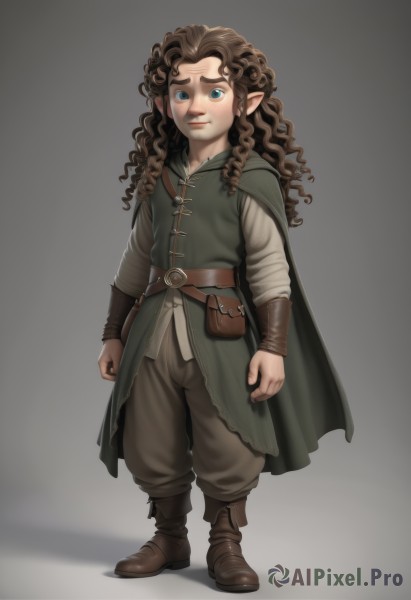 1girl,solo,long hair,looking at viewer,blue eyes,simple background,brown hair,shirt,long sleeves,closed mouth,standing,full body,boots,pointy ears,belt,pants,grey background,cape,lips,gradient,gradient background,wavy hair,brown footwear,child,clenched hands,curly hair,pouch,arms at sides,female child,brown belt,brown pants,belt pouch,green cape,smile,1boy,white shirt,male focus,shadow,freckles