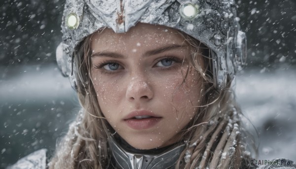 1girl, solo, long hair, looking at viewer, blue eyes, blonde hair, brown hair, parted lips, armor, blurry, lips, helmet, portrait, snow, snowing, realistic