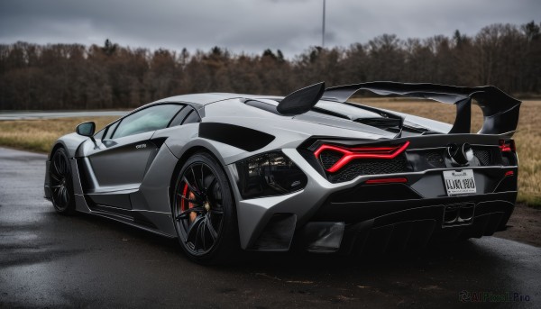 outdoors,sky,cloud,tree,no humans,cloudy sky,ground vehicle,nature,motor vehicle,forest,car,road,vehicle focus,grey sky,wheel,sports car,solo,logo,photo background