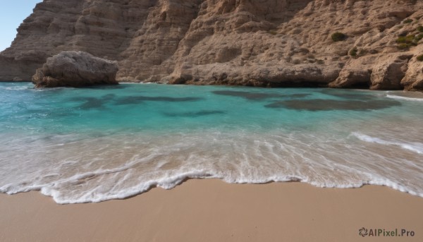 outdoors,sky,day,water,blue sky,no humans,ocean,beach,scenery,rock,sand,waves,shore,horizon