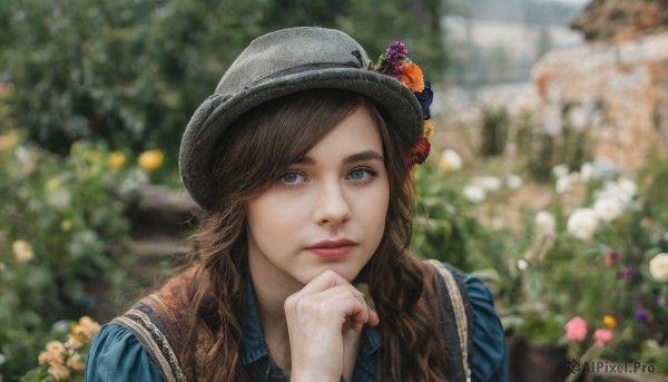 1girl,solo,long hair,looking at viewer,blue eyes,brown hair,shirt,hat,upper body,flower,outdoors,day,blurry,lips,grey eyes,depth of field,blurry background,blue shirt,portrait,freckles,realistic,nose,hand on own chin,bangs,parted lips,hand up,parted bangs,sunlight,hat flower