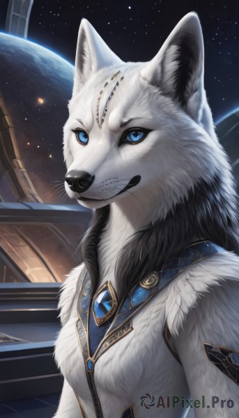 1girl,solo,looking at viewer,smile,blue eyes,jewelry,upper body,sky,no humans,animal,brooch,gem,star (sky),furry,starry sky,space,white fur,planet,wolf,breasts,artist name,necklace,moon,earth (planet)