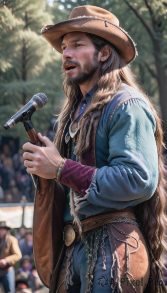 solo,long hair,open mouth,blue eyes,brown hair,shirt,black hair,long sleeves,1boy,hat,holding,jewelry,very long hair,standing,male focus,cowboy shot,outdoors,multiple boys,teeth,solo focus,day,belt,pants,necklace,blurry,bracelet,from side,tree,blurry background,facial hair,upper teeth only,blue shirt,denim,microphone,beard,jeans,realistic,nose,mustache,music,brown headwear,blue pants,holding microphone,singing,cowboy hat,crowd,jacket,vest,depth of field,blue jacket,microphone stand,denim jacket