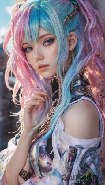 1girl,solo,long hair,looking at viewer,bangs,blue eyes,hair ornament,bare shoulders,twintails,jewelry,blue hair,upper body,pink hair,multicolored hair,earrings,outdoors,parted lips,day,hand up,nail polish,blurry,from side,two-tone hair,two side up,lips,fingernails,eyelashes,aqua hair,makeup,blurry background,eyeshadow,realistic,nose,shoulder cutout,mascara,breasts,sidelocks,sky,artist name,necklace,clothing cutout,tattoo,pink lips,split-color hair