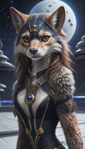 1girl,solo,long hair,breasts,looking at viewer,brown hair,animal ears,brown eyes,jewelry,medium breasts,closed mouth,upper body,outdoors,sky,artist name,signature,orange eyes,night,animal,moon,brooch,gem,star (sky),night sky,furry,full moon,starry sky,furry female,body fur,fur,fluffy,dress,necklace