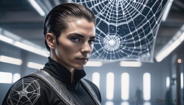 solo,looking at viewer,short hair,blue eyes,brown hair,black hair,1boy,upper body,male focus,indoors,blurry,lips,facial hair,science fiction,realistic,animification,closed mouth,blurry background,portrait,silk,spider web