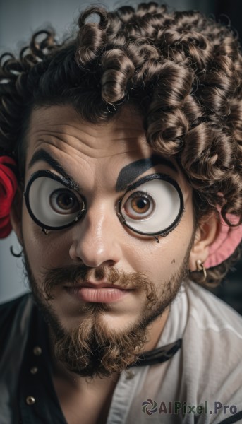 solo,looking at viewer,brown hair,shirt,black hair,1boy,brown eyes,jewelry,white shirt,male focus,sweat,earrings,blurry,lips,facial hair,piercing,thick eyebrows,messy hair,portrait,beard,close-up,curly hair,wide-eyed,realistic,mustache,afro,choker,dark skin,dark-skinned male,goatee