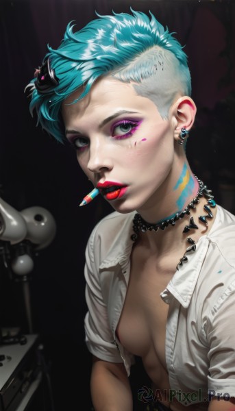 1girl,solo,breasts,looking at viewer,short hair,shirt,hair ornament,navel,jewelry,medium breasts,nipples,blue hair,collarbone,white shirt,upper body,short sleeves,multicolored hair,earrings,small breasts,parted lips,open clothes,choker,belt,necklace,aqua eyes,lips,grey eyes,eyelashes,open shirt,no bra,aqua hair,makeup,mouth hold,piercing,lipstick,ear piercing,areola slip,spikes,eyeshadow,freckles,realistic,nose,unbuttoned,red lips,eyeliner,very short hair,undercut,mascara,eyebrow piercing,blue eyes,jacket,artist name,signature,open jacket,nipple slip,facepaint,stitches,screw