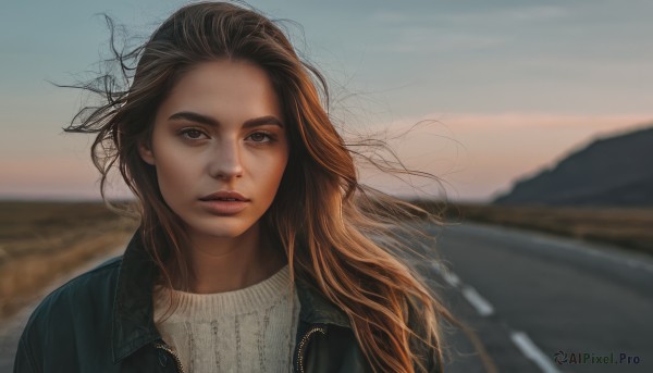 1girl,solo,long hair,looking at viewer,brown hair,brown eyes,jacket,upper body,outdoors,parted lips,open clothes,sky,day,blurry,sweater,open jacket,lips,black jacket,floating hair,depth of field,blurry background,wind,messy hair,freckles,mountain,realistic,nose,leather,leather jacket,denim jacket,shirt,teeth,tree,thick eyebrows,portrait,forehead