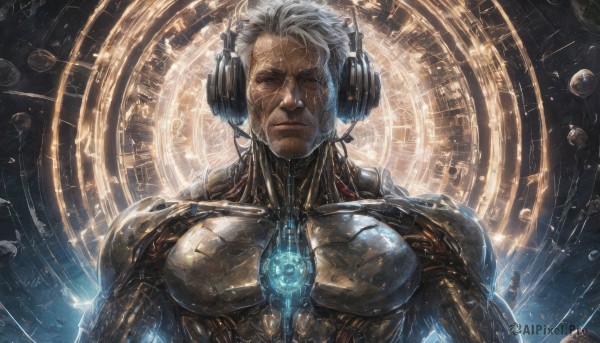 solo,looking at viewer,1boy,closed mouth,upper body,white hair,grey hair,male focus,signature,facial hair,headphones,scar,scar on face,science fiction,realistic,cable,old,planet,cyborg,old man,wrinkled skin,artist name,armor,lips,glowing,headset,rain,water drop,nose,scar across eye