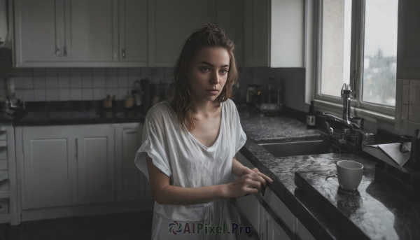 1girl,solo,long hair,looking at viewer,brown hair,shirt,brown eyes,closed mouth,white shirt,short sleeves,indoors,cup,lips,window,t-shirt,messy hair,mug,realistic,bathroom,kitchen,sink,faucet,dark skin,dark-skinned female,oversized clothes,dirty,oversized shirt,stove