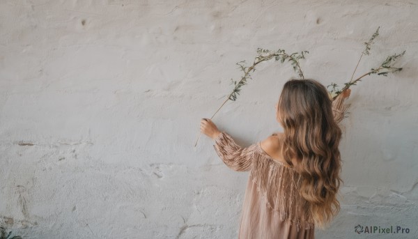 1girl,solo,long hair,brown hair,long sleeves,dress,holding,bare shoulders,upper body,flower,off shoulder,from behind,see-through,leaf,from above,back,wavy hair,branch,facing away,black hair,plant,curly hair,vines,stick