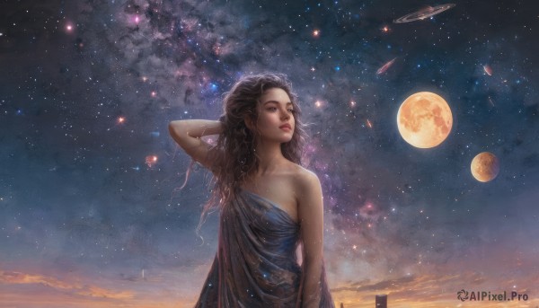 1girl,solo,long hair,blue eyes,brown hair,black hair,dress,bare shoulders,jewelry,upper body,earrings,outdoors,sky,cloud,arm up,lips,strapless,night,blue dress,looking away,moon,looking up,star (sky),night sky,strapless dress,full moon,starry sky,realistic,nose,space,looking afar,planet,brown eyes,hand in own hair,spacecraft,shooting star