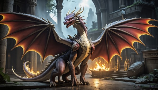 HQ,open mouth,red eyes,standing,tail,outdoors,wings,horns,sky,teeth,tree,no humans,bird,fangs,fire,sharp teeth,scenery,claws,dragon horns,fantasy,dragon,dragon tail,scales,ruins,pillar,statue,dragon wings,breathing fire,cloud,glowing,plant,glowing eyes,monster,rock,stairs,column