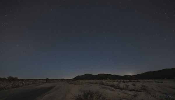 monochrome,outdoors,sky,no humans,night,grass,star (sky),nature,night sky,scenery,starry sky,mountain,sand,road,landscape,mountainous horizon,hill,star (symbol),horizon,field