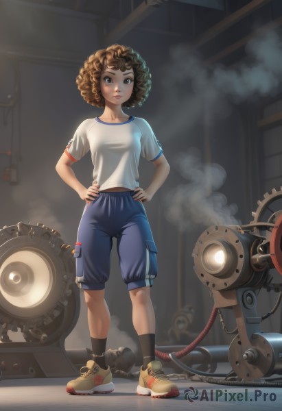 1girl,solo,breasts,looking at viewer,short hair,brown hair,shirt,navel,brown eyes,standing,full body,white shirt,short sleeves,small breasts,shoes,shorts,socks,midriff,artist name,indoors,dark skin,dark-skinned female,lips,watermark,black socks,t-shirt,sneakers,steam,web address,smoke,gym uniform,blue shorts,curly hair,hands on hips,midriff peek,gears,gym shorts,afro,gym shirt