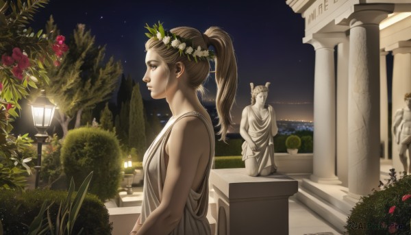 1girl,solo,long hair,brown hair,dress,bare shoulders,brown eyes,jewelry,ponytail,flower,earrings,outdoors,food,sky,from side,tree,lips,profile,night,fruit,plant,star (sky),night sky,scenery,starry sky,realistic,head wreath,pillar,statue,column,fountain,blonde hair,bush,wreath,greek clothes