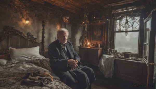 solo,short hair,shirt,long sleeves,1boy,sitting,closed mouth,white hair,male focus,necktie,sky,pants,cloud,indoors,coat,pillow,window,bed,facial hair,on bed,scar,formal,own hands together,suit,black necktie,beard,scar on face,smoke,black coat,mature male,lamp,candle,old,old man,candlestand,chandelier,jewelry,necklace,chair,table,fire,scenery